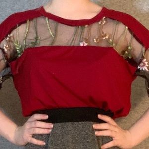 red shirt w/ floral decor